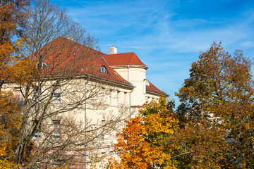 A view of a neighbour house on a sunny autumn day 