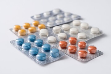Assorted pills in blister packs on white background