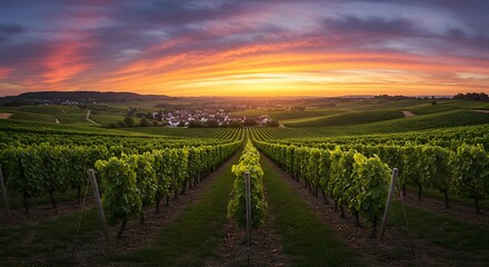 Naklejka premium Lush vineyard valley under golden evening skies - view 180