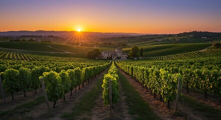 Lush vineyard valley under golden evening skies - view 180 | Stunning Photography & Visuals
