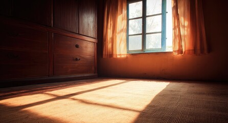 Sunlight streams through a window into a room with wooden furniture
