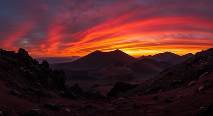 Naklejka premium Serrated volcanic ridges under fiery sunset - view 184