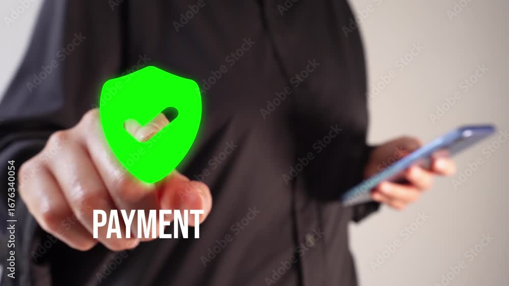 Aufkleber secure and approved payment. businesswoman holding her cell phone while pointing at an animation of 