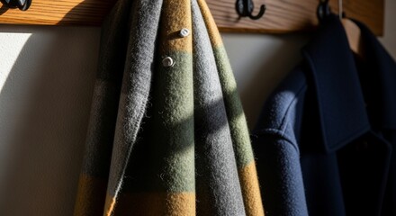 Obraz premium Sunlit Wool Throw and Coat Hanging on Wooden Hook