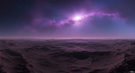 Violet nebula casting light over rocky plains - view 198 - High Resolution Royalty Free Image