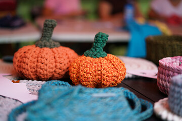 Woolen pumpkins. Creative handmade workshop. 