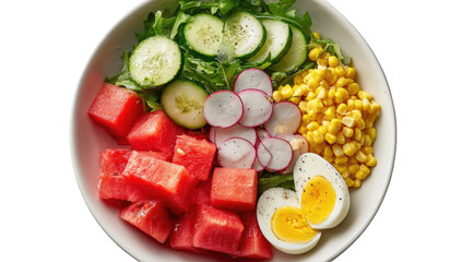 Fresh salad bowl with watermelon, corn, cucumber, radish, and eggs