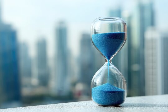 Hourglass with blue sand, cityscape background