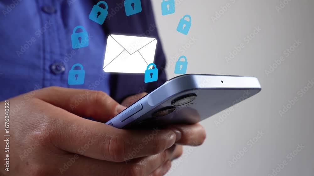 Aufkleber email security. close-up of a person with their mobile phone with a floating animation of an email e
