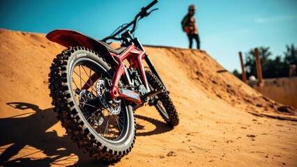 Trial bike stands on sandy hill with athlete watching in background