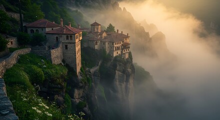 Beautiful Serene monastery perched on misty mountain cliffs - view 206 for Creative Projects