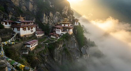 Serene monastery perched on misty mountain cliffs - view 206 | Nature, Landscape & Backgrounds