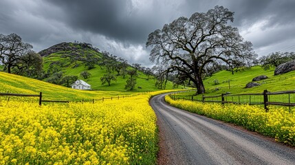 Obraz premium Road Through a Field with a Cloudy Sky