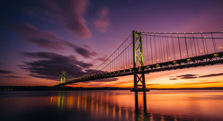 Spectacular Suspension Bridge Illuminated Against a Dramatic Sunset Sky