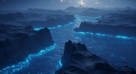 Alien cliffs overlooking glowing blue seas - view 249 Stock Photo for Designers and Marketers