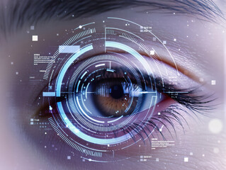 A close-up image of a brown human eye covered with futuristic digital interface elements symbolizing biometric technology, security, and innovation in human-machine interaction.