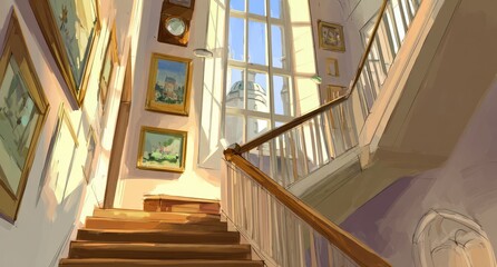 Fototapeta premium Sunlit, ornate staircase in an art gallery