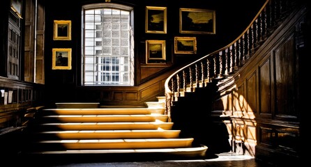 Grand, ornate wooden staircase bathed in light