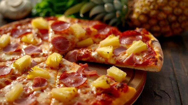 A closeup of a pizza with various toppings, including pepperoni, ham, and pineapple slices. The pizza is on a wooden surface, and the background is blurred.