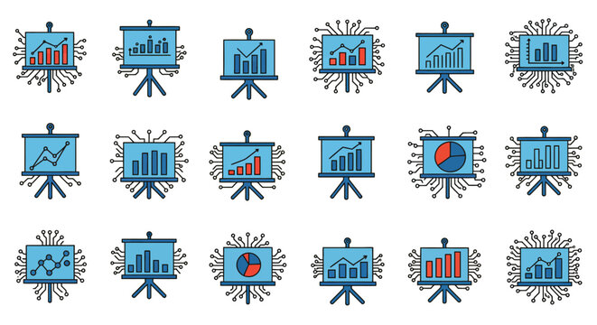 A collection of blue presentation board icons on tripods, displaying various business data charts, graphs, and analytics with a modern digital tech style.