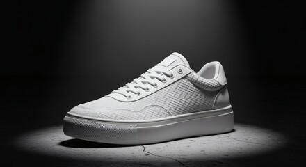 A photorealistic image of a sneaker mockup placed on a concrete floor, with blank fabric texture and a dramatic spotlight, creating a modern fashion showcase.
