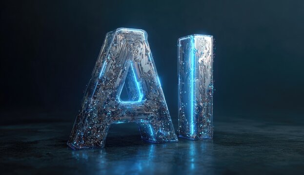 AI letters, metallic, glowing blue, dark background