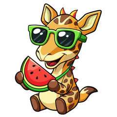 A vector illustration of a smiling giraffe mascot eating a watermelon, isolated on a white background.