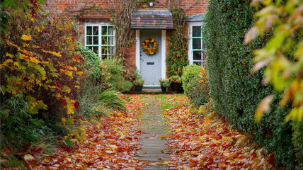 Autumn country scene with autumn decor, leaf, branch, gate, wreath styled setting for home, outdoor, cottage, lifestyle, estate, porch or countryside real estate backdrop