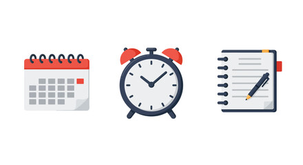 Fototapeta premium Flat-style Icons - Calendar, Alarm Clock, and Notebook with Pen Time Management Symbols.