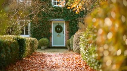 Autumn country scene with autumn decor, leaf, branch, gate, wreath styled setting for home, outdoor, cottage, lifestyle, estate, porch or countryside real estate backdrop