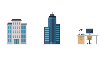 Colorful Vector Icons of Office Building, Skyscraper, and Workspace.