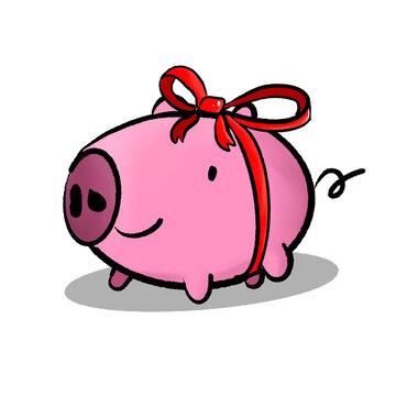 Cute Pink Pig with Red Ribbon Cartoon
Illustration