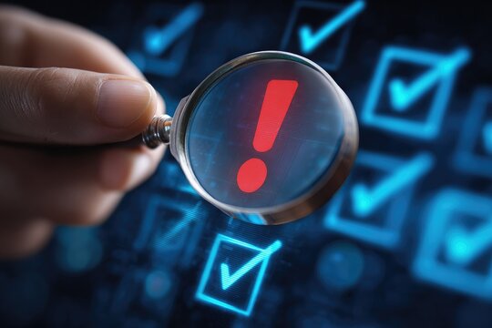 Magnifying glass focusing on a red exclamation mark amidst checkmarks - Powered by Adobe