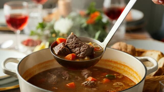 Hearty beef stew in pot with ladle, vegetables, and bread on table
