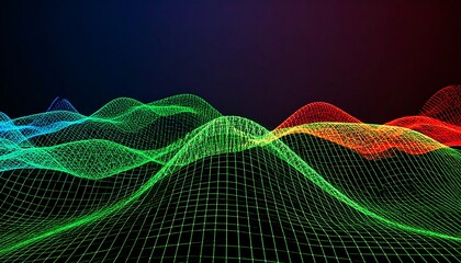 Abstract Colorful 3D Waveform Landscape with Wireframe Grid.