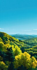 Obraz premium Colorful vista of a hilltop forest, bright blue sky