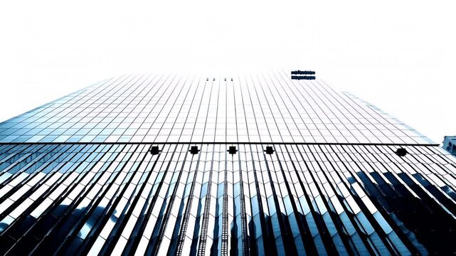 Manhattan, New York City. A closeup of a modern skyscraper with a repetitive pattern of glass panels. The buildings facade is predominantly blue.