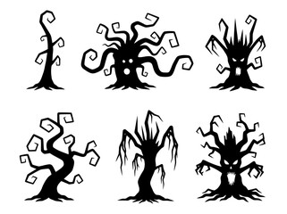 Halloween Icon Set Featuring Creepy Trees in Black Style  