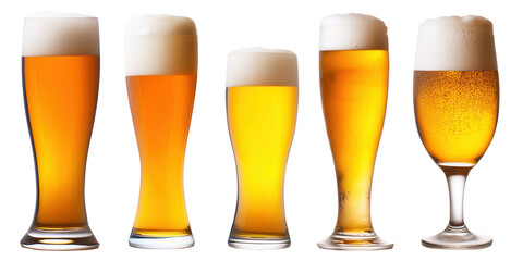 Five beer glasses with golden beer on transparent background