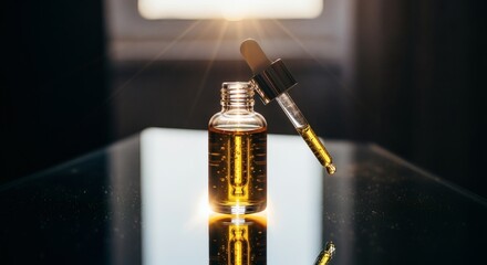 A photorealistic image of a cosmetic serum bottle mockup with a dropper, on a reflective glass surface, with glowing light, creating a premium vibe.