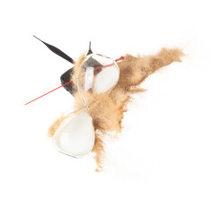Close up of Sand Hourglass, clock hands arms and sand explosion over white background isolated. Sand through time hourglass waste fall down as time management concept