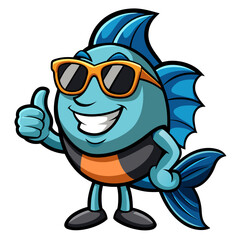 A vector illustration of a smiling fish mascot giving a thumbs up, isolated on a white background