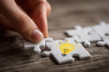 A hand places a jigsaw puzzle piece with a lightbulb drawing onto other pieces