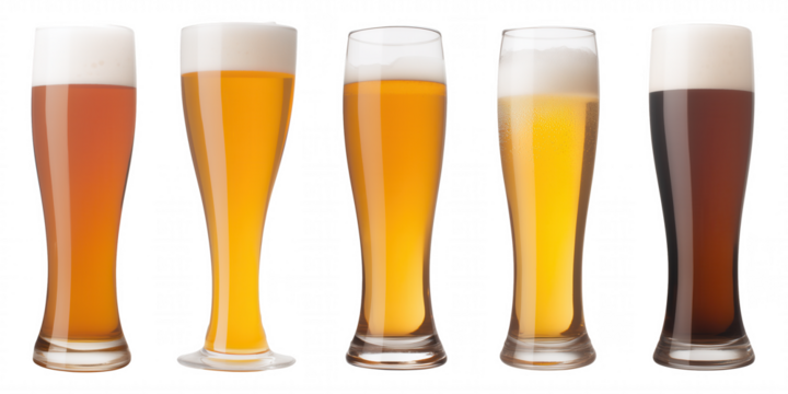 Five tall beer glasses with frothy heads on transparent background