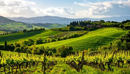 Fototapeta premium Lush Vineyard Landscape Under a Bright Sky with Rolling Hills and Scenic Background