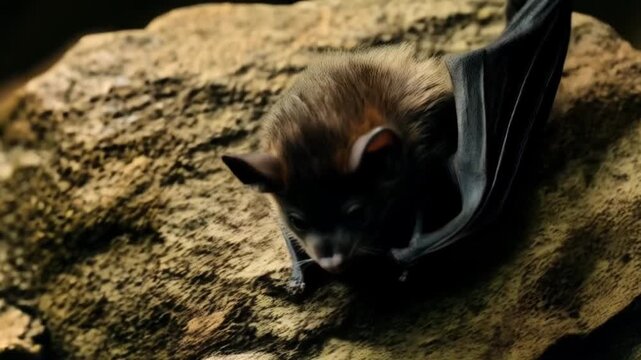A close up of a small bat perched on a rocky surface with its wings partially extended outward halloween bat video