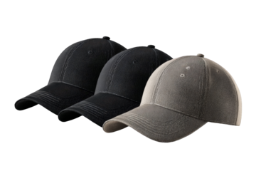 Three baseball caps in varying shades of gray and black