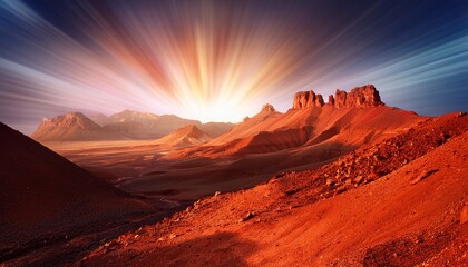 Naklejka premium surreal landscape with red mountains and beams of light in background