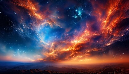 Naklejka premium a vibrant cosmic cloud with streaks of orange and blue light amidst a field of distant stars