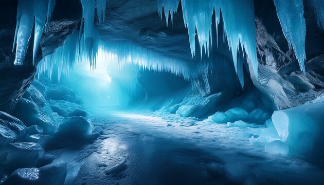 subterranean ice cave dungeon with luminescent ice crystals hidden tunnels and the distant howl of an unknown beast